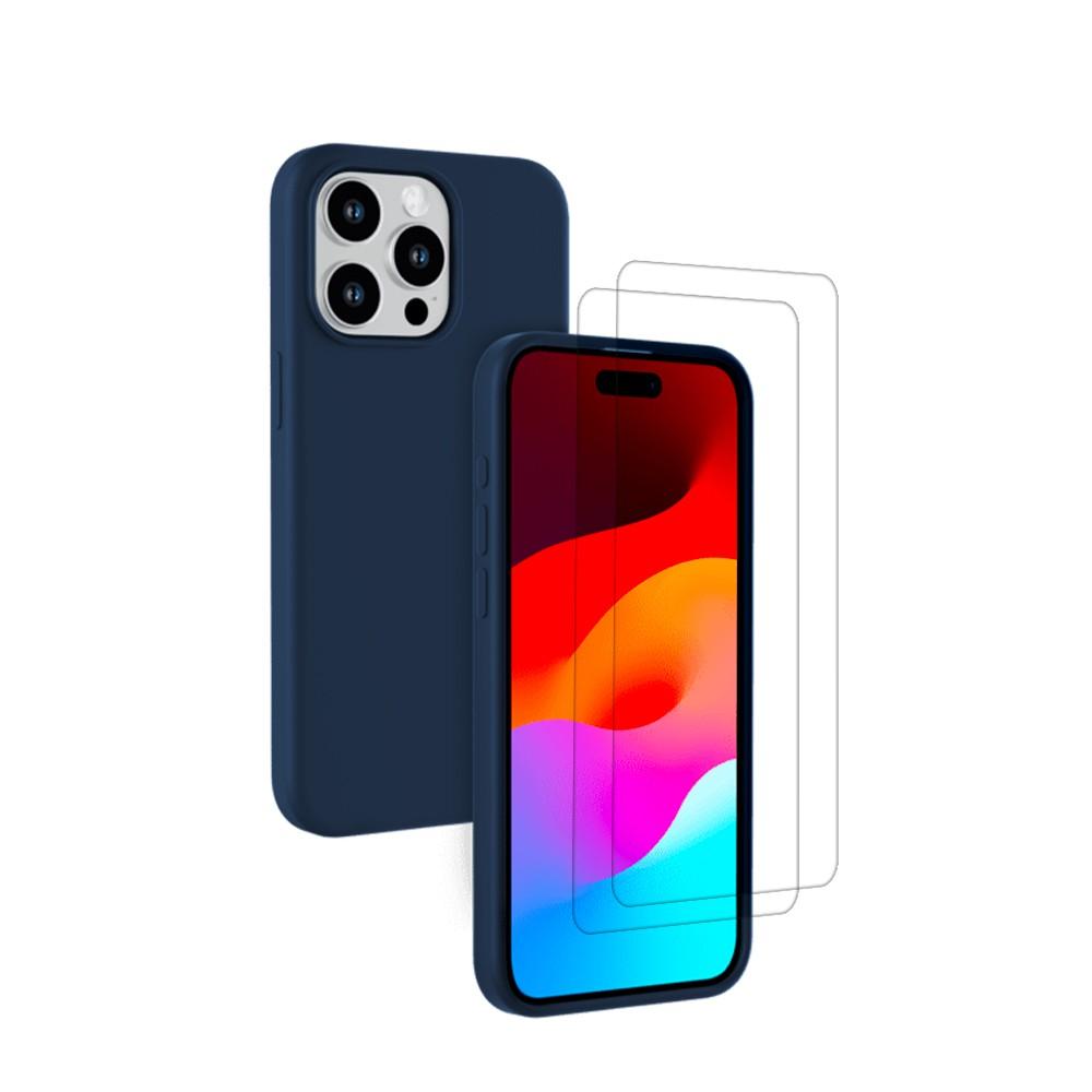 Coque iPhone 15 Pro et 2 écrans de protection - Silicone - Navy Blue