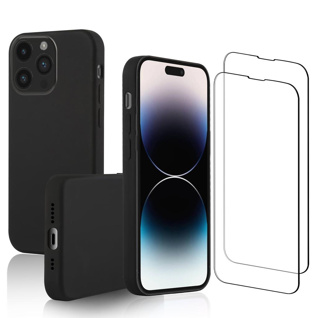 Coque iPhone 15 Pro et 2 écrans de protection - Silicone - Noir