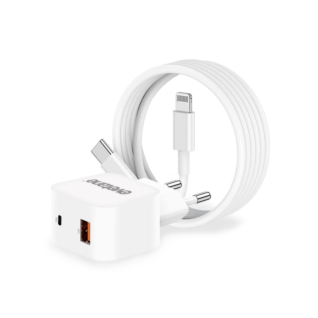 Câble et Prise Murale (USB-C + Lightning) 25W - Evetane
