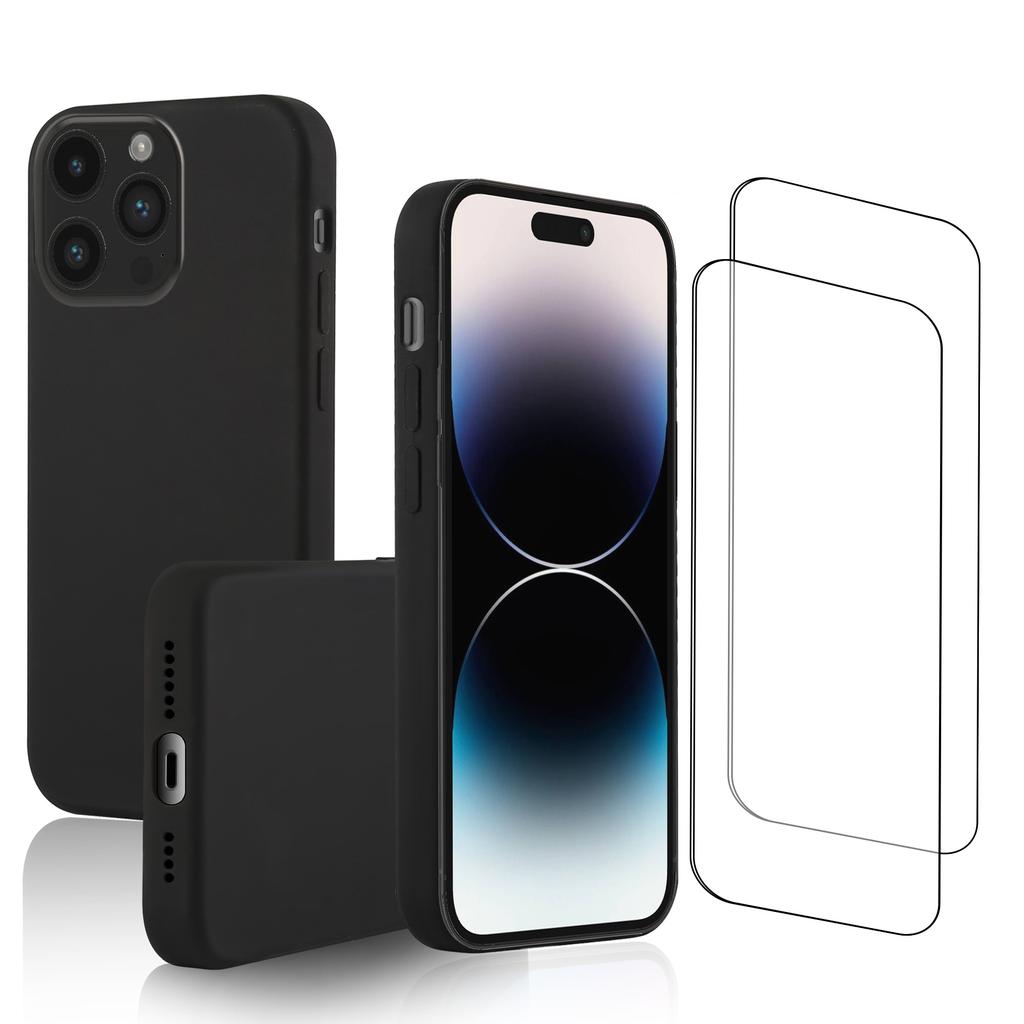 Coque iPhone 14 Pro et 2 écrans de protection - Silicone - Noir